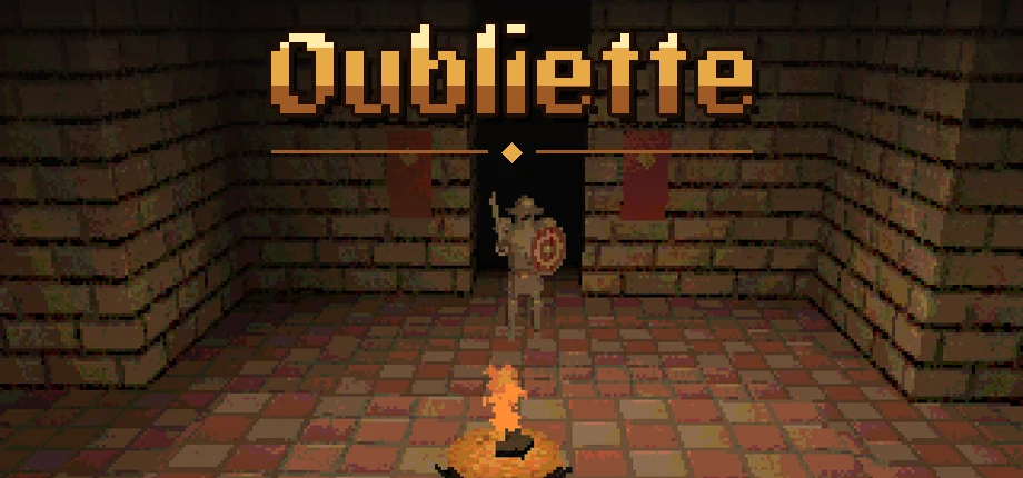 Oubliette's title over a dim stone room. An empty suit of the gaolers' armour stands in the doorway, behind a burning brazier.