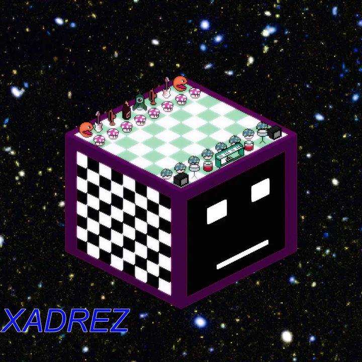 The cover of Xadrez: a purple cube floating among stars, with a chessboard on top and a flat face on one side. The pieces on the board are guitars, drums and keyboards.